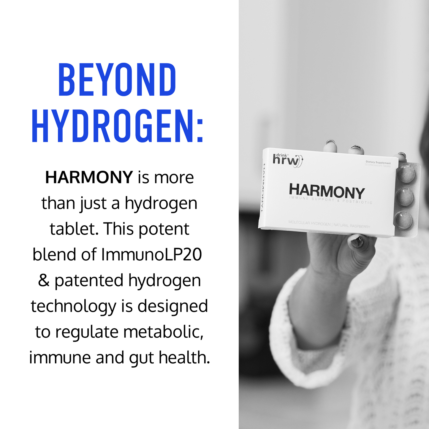 Promotional image for 'Harmony' product with text about hydrogen technology and health benefits.
