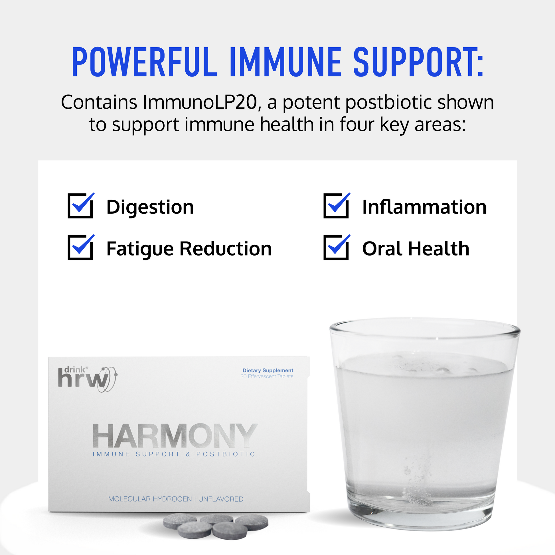 Harmony immune support and postbiotic packaging with a glass of water on a white background