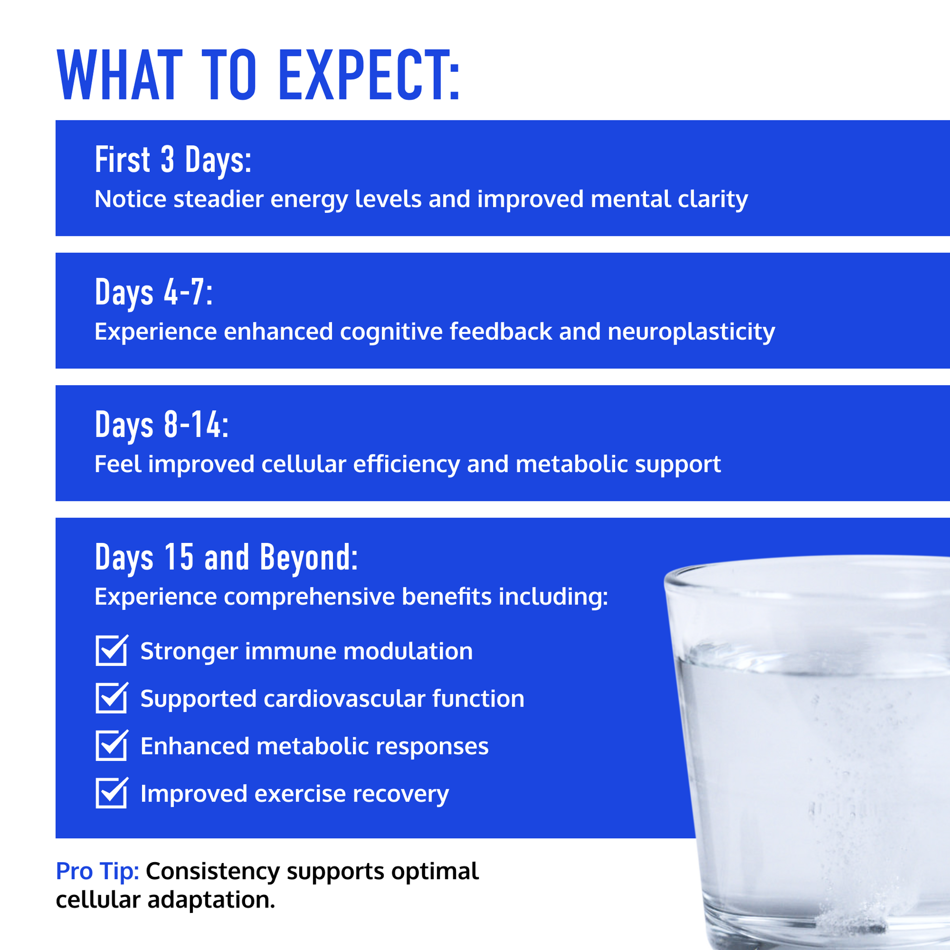 Chart detailing the expected benefits of a program or supplement over time with a glass of water on a blue background.